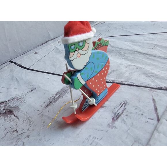 Skiing Santa Avon Christmas Ornament Flocked Santa Hat Plastic Skies - Picture 2 of 5
